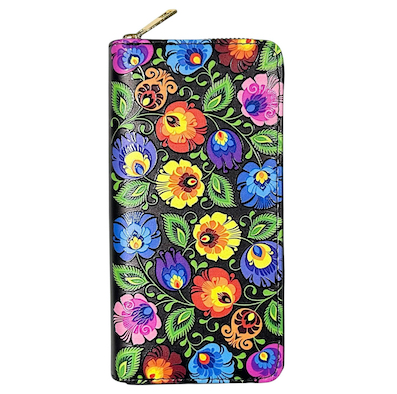 Black Colourful Flowers Large Digital Print Purse
